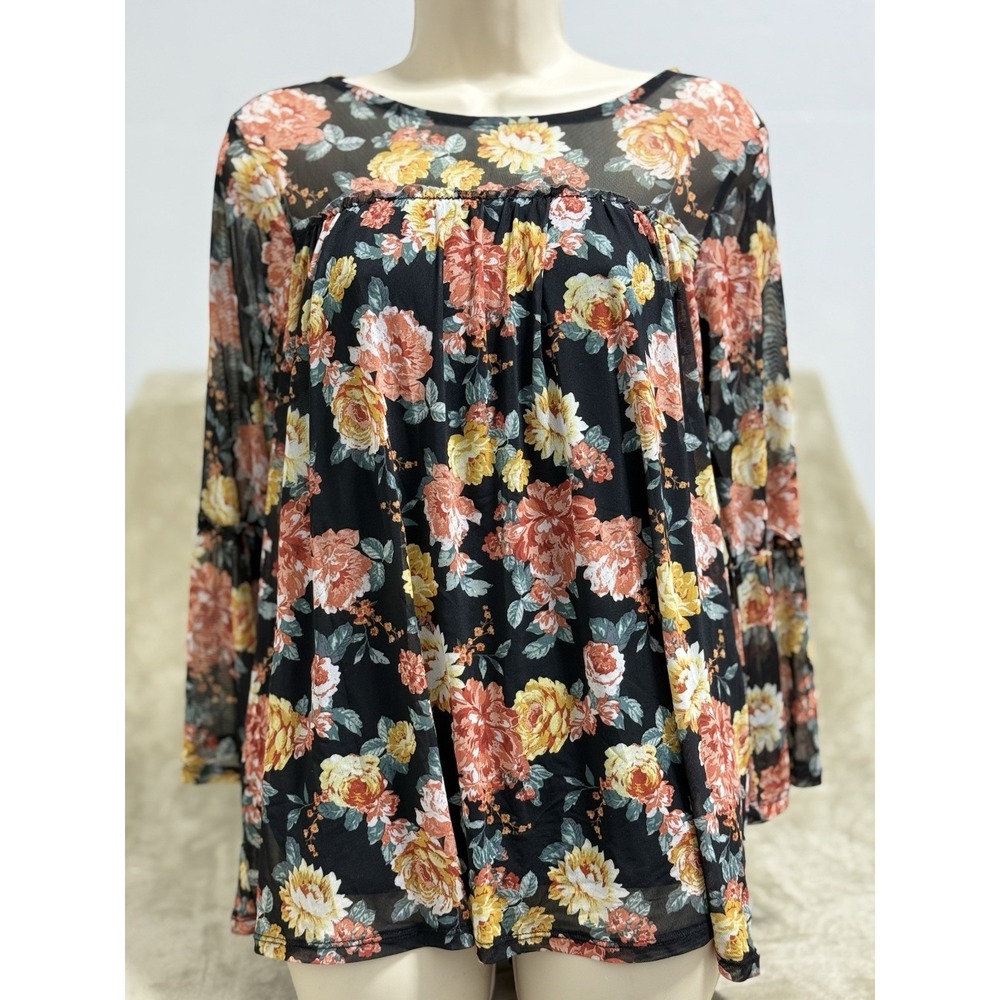 Bobbie Brooks Women's Small Black Multicolored Floral Top With Bell Sleeves